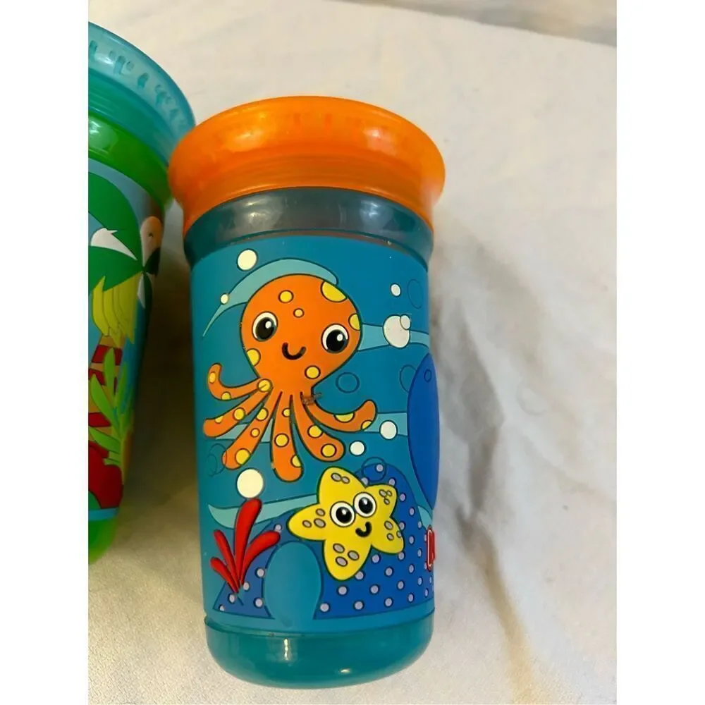 2 Nuby sippy cups Monkey & Sea‎ Creature Blue Orange lot 2016